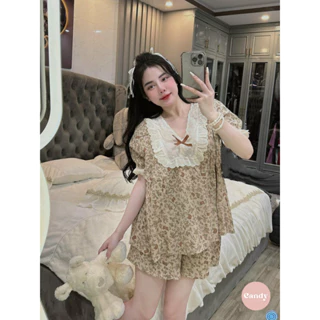 Bộ pyjama tiểu thư cổ xẻ đính nơ - Đồ ngủ thô đũi bánh bèo S07 Candy