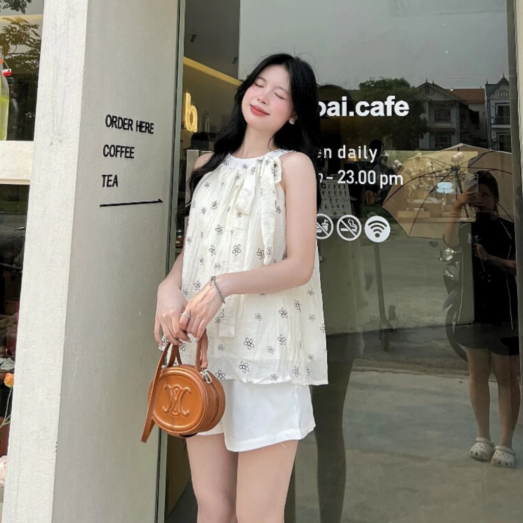 (ẢNH THẬT) Set áo yếm voan tơ in hoa kèm quần short trắng lưng chun đi biển Renee Store - S111