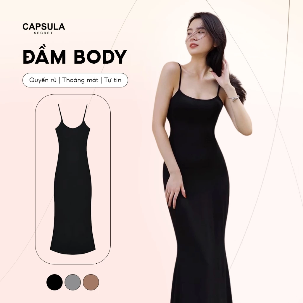 Đầm body 2 dây dáng dài Capsula, Váy body nữ len gân tăm mềm mịn mát tôn dáng sexy