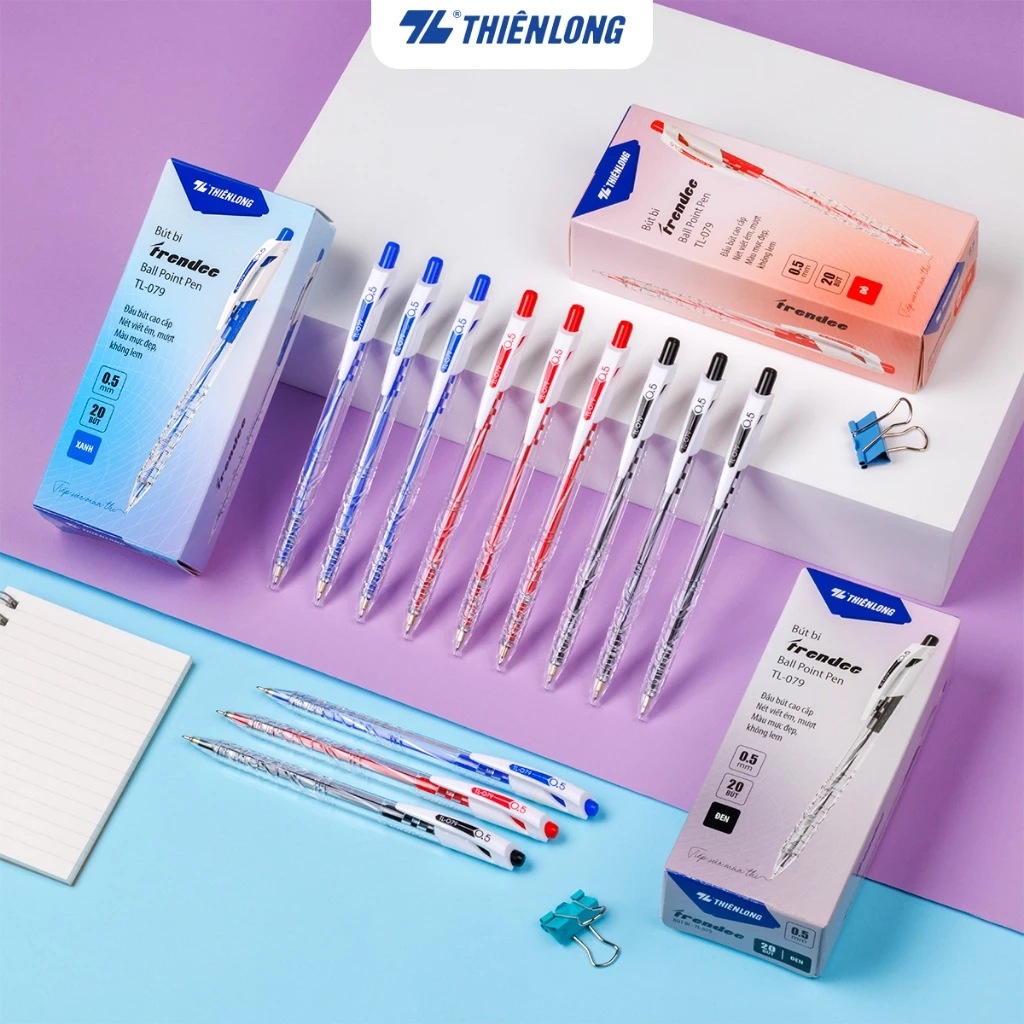 Combo 5 Bút Bi Thiên Long TL-079 ngòi 0.5mm mực xanh/đỏ/đen nét viết thanh mảnh thiết kế trẻ trung năng động