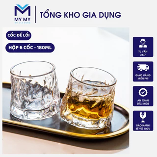 Set 6 cốc thủy tinh đế lồi xoay cao cấp ô bàn cờ, Cốc ngắn thiết kế sọc dọc sóng nước, phong cách Bắc Âu