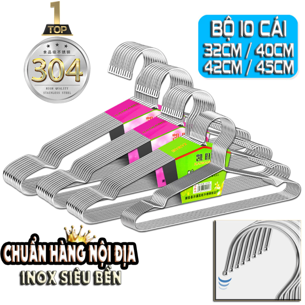 Bộ 10 Móc inox cao cấp LD treo quần áo người lớn và trẻ em chống vết hằn khi treo