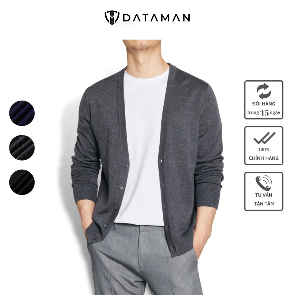 Áo len CARDIGAN nam mỏng DATAMAN, mở khuy, cổ chữ V, đáp da lộn khuỷu tay, chất cotton mềm mịn - DT22-03