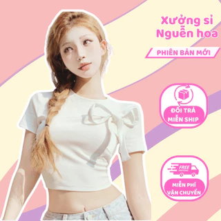 Áo croptop nữ kiểu dây nơ ngực cổ tròn ngắn tay trắng siêu xinh màu trắng kiểu dáng bassic hot trend