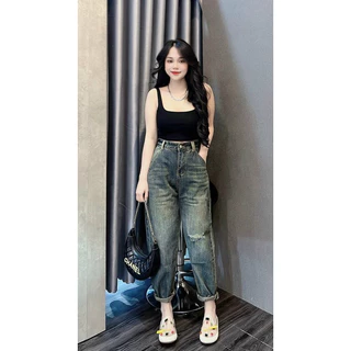 Quần Baggy Jean Nữ Cạp Cao Co Dãn Rách Nhẹ - AL254