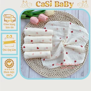 Sét 5 khăn sữa muslin hoạ tiết tim màu cho bé CaSi BaBy