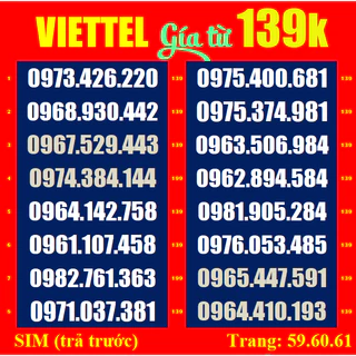SIM Viettel 09  Tr 59,60,61,87.85 Sim mới 100%, chưa đăng kí, Sim viettel phủ sóng toàn quốc