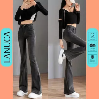 Quần jean cho nấm lùn ống loe nữ 9 tấc màu đen khói cạp cao, quần bò rin 90cm co giãn, jeans lưng cao LANUCA