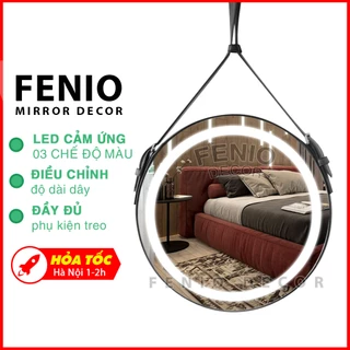 Gương có đèn led cảm ứng treo tường trang điểm FENIO Hình tròn viền dây da treo decor phòng ngủ phòng khách phòng makeup