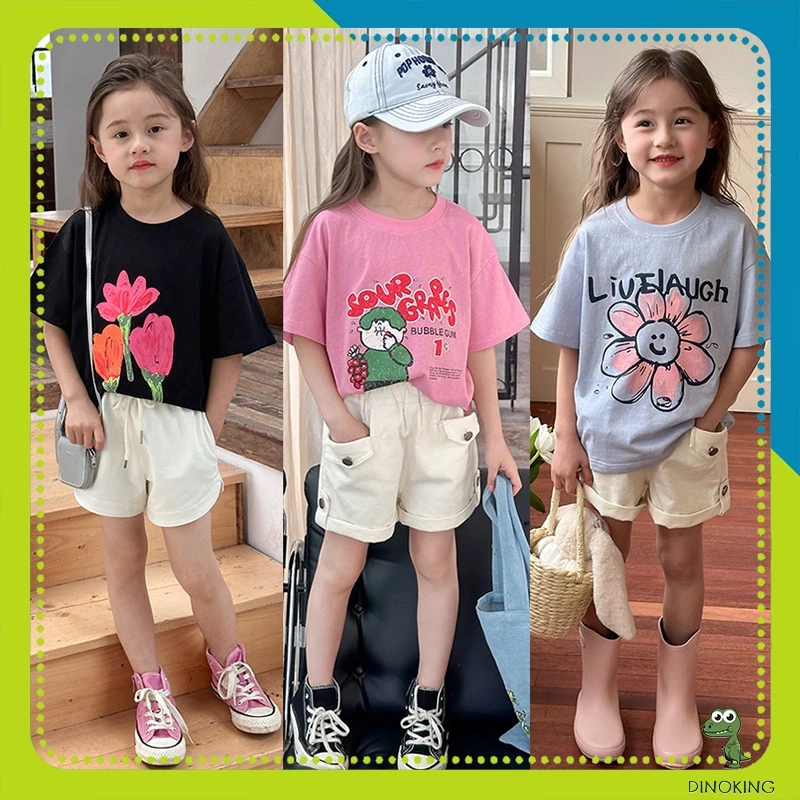 Áo thun bé gái dáng rộng DINOKING Áo phông cho bé gái cộc tay Hàn Quốc mùa hè chất cotton mát lạnh trẻ em 2-9 tuổi AT34