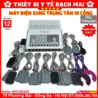 [LOẠI1] Máy Điện Xung 10 Cổng Màu Bạc - Máy Trung Tần Trị Liệu 10 Cổng Ra, Có Nhiệt Độ