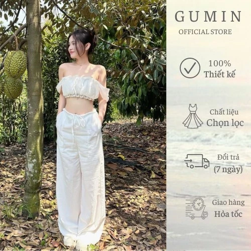 Set áo trễ vai GUMIN thiết kế áo tơ có dây nơ kèm quần suông đũi xước có lớp trong thanh lịch