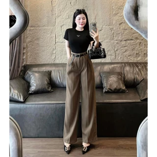 Set bộ đồ nữ basic áo đen logo croptop phối quần suông tuyết mưa màu nâu kèm nịt phong cách thanh lịch công sở