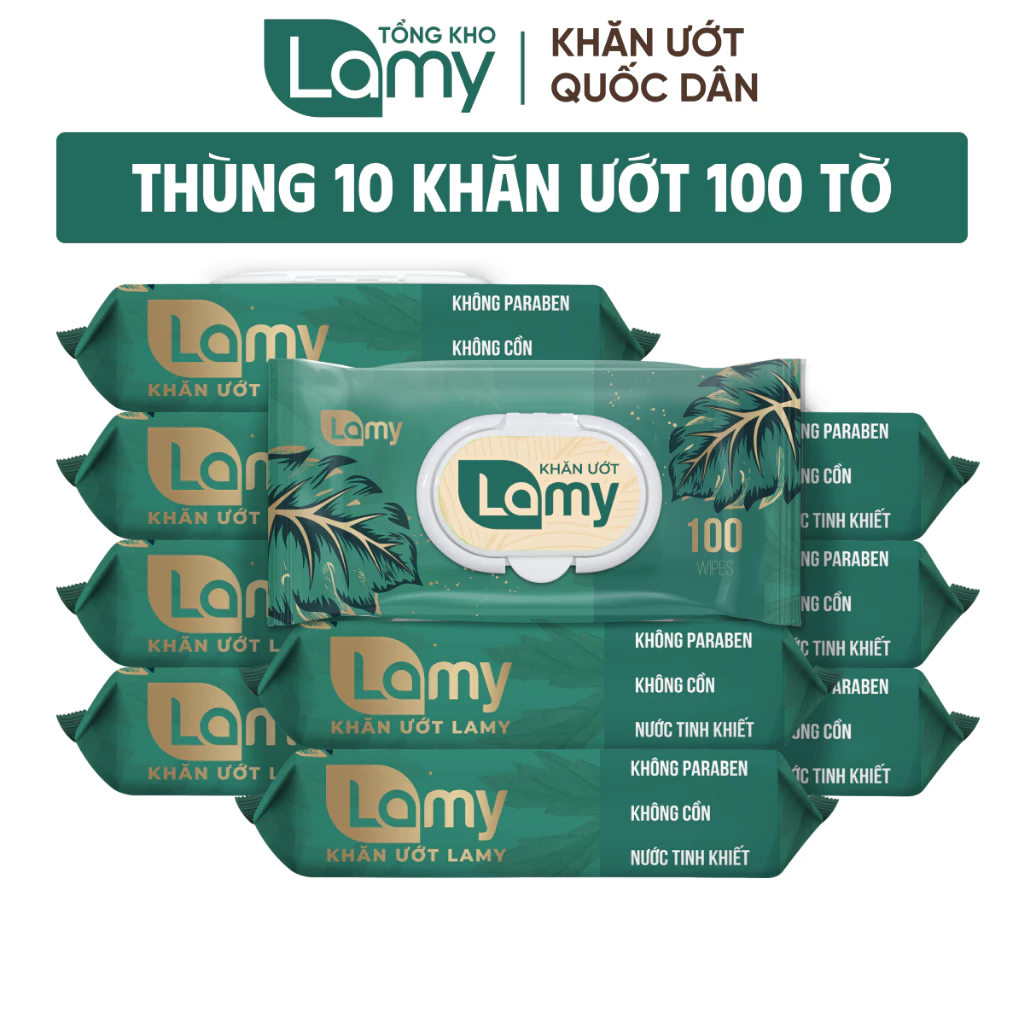 HÀNG CÔNG TY_Thùng 10 gói khăn ướt Lamy không cồn không parabens cao cấp dành cho em bé gói 100 tờ