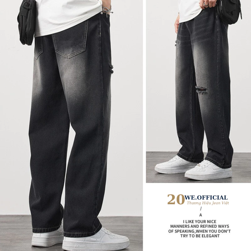 Quần jean rách gối nam đen wash smoke RG01 ống suông rộng dáng baggy Rách Đen Menswear Pants 20We