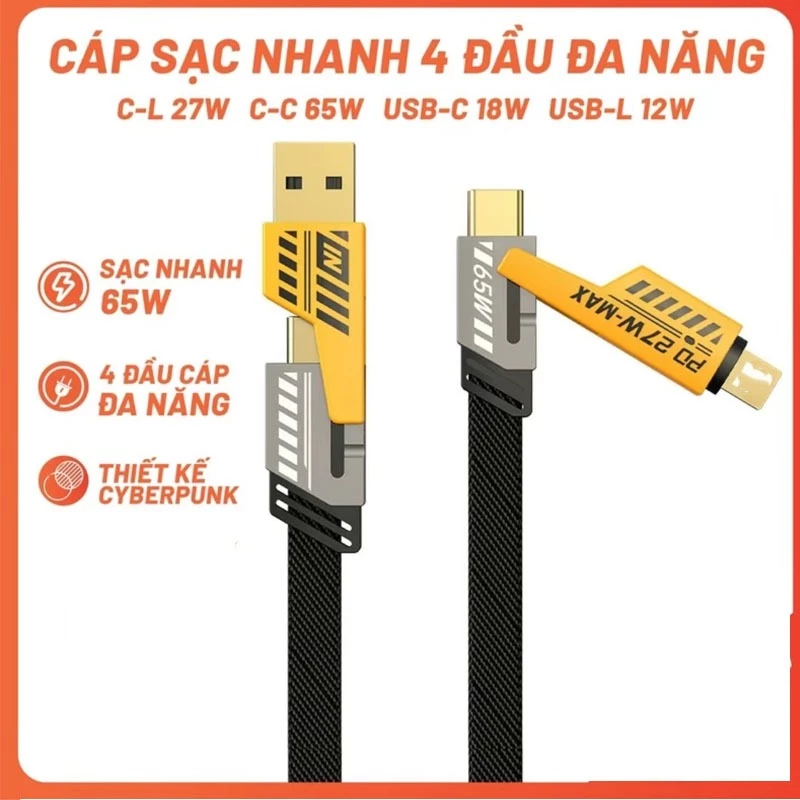 Dây cáp sạc nhanh 20W 4 trong 1 bọc dù 1 cổng 27w, 1 cổng 65w cho typ.e C 7plus x xsmax 11 12 13 14 15 16 pro max plus