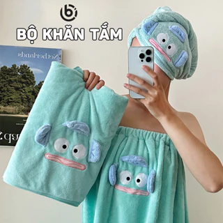 Set Khăn Tắm Vải Lông Nhung, Khăn Lau Đầu Mềm Mại Thấm Hút Tốt Họa Tiết Đáng Yêu