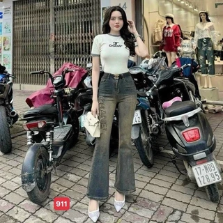 Quần jean nữ in chữ ống loe phối 2 màu lưng cao ôm eo, Quần nữ ống loe chát denim có dãn nhẹ FASHION 24h M911