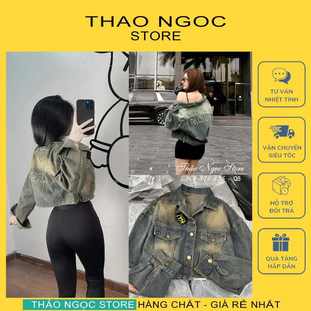 Áo khoác jean nữ croptop tay dài lưng thêu chữ! (có sẵn, hình thật) THẢO NGỌC STORE