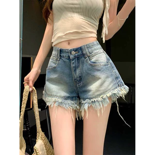 Quần short jean phối tua rua nâu, quần short jean nữ VIENS STORE