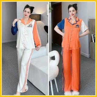 Bộ pijama dài chất lụa latin in thiết kế kiểu dáng thể thao cổ truyền thống phom suông có túi quần - linhnguyenshop