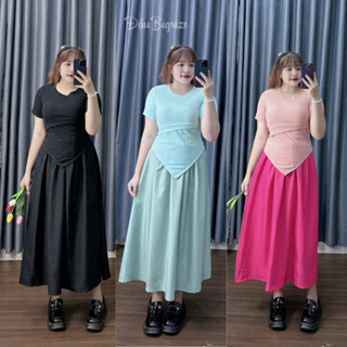 Bộ Đồ Nữ Bigsize Áo Thun Kiểu Croptop Tà Nhọn Phối Chân Váy Dài Dáng Xòe SET77