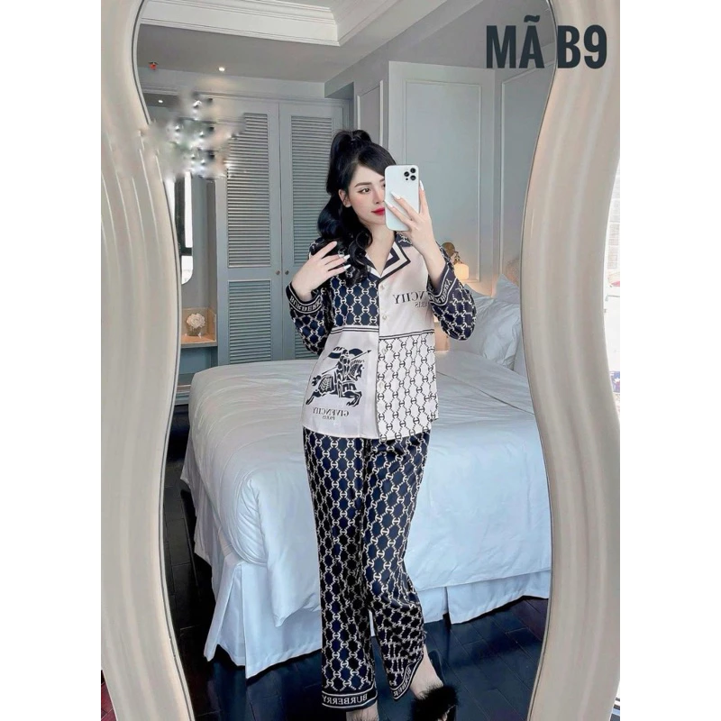 Pijama tay dài quần dài lụa mango cao cấp hàng thiết kế Linh Đào Boutique Size M 46-52KG