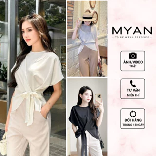 MYAN DESIGN Áo Sơ Mi Buộc Vạt Tay Canh Dơi Điệu Dà Nữ Tính, Áo Kiểu Nữ Buộc Eo Tay Ngắn Màu Be Trắng Đen Avn032424