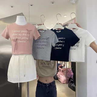 Áo babytee dáng ngắn croptop in chữ đính nơ (chất liệu siêu đẹp)