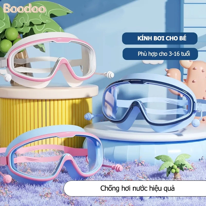 Kính bơi cho bé BOODOO bé trai  gái từ 3 tuổi, góc nhìn rộng có nút bịt tai chống sương mù kính HD