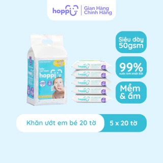 Khăn ướt cho bé Hoppi combo 5 gói trong 1 túi không cồn không mùi (không có nắp)