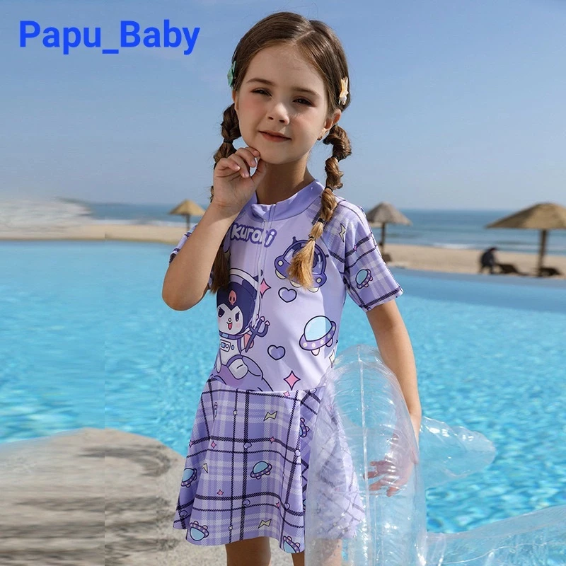 Bikini bé gái Papu baby mẫu Kuromi. Váy kẻ liền áo cho bé đi biển. bộ bơi bé gái 10-30kg