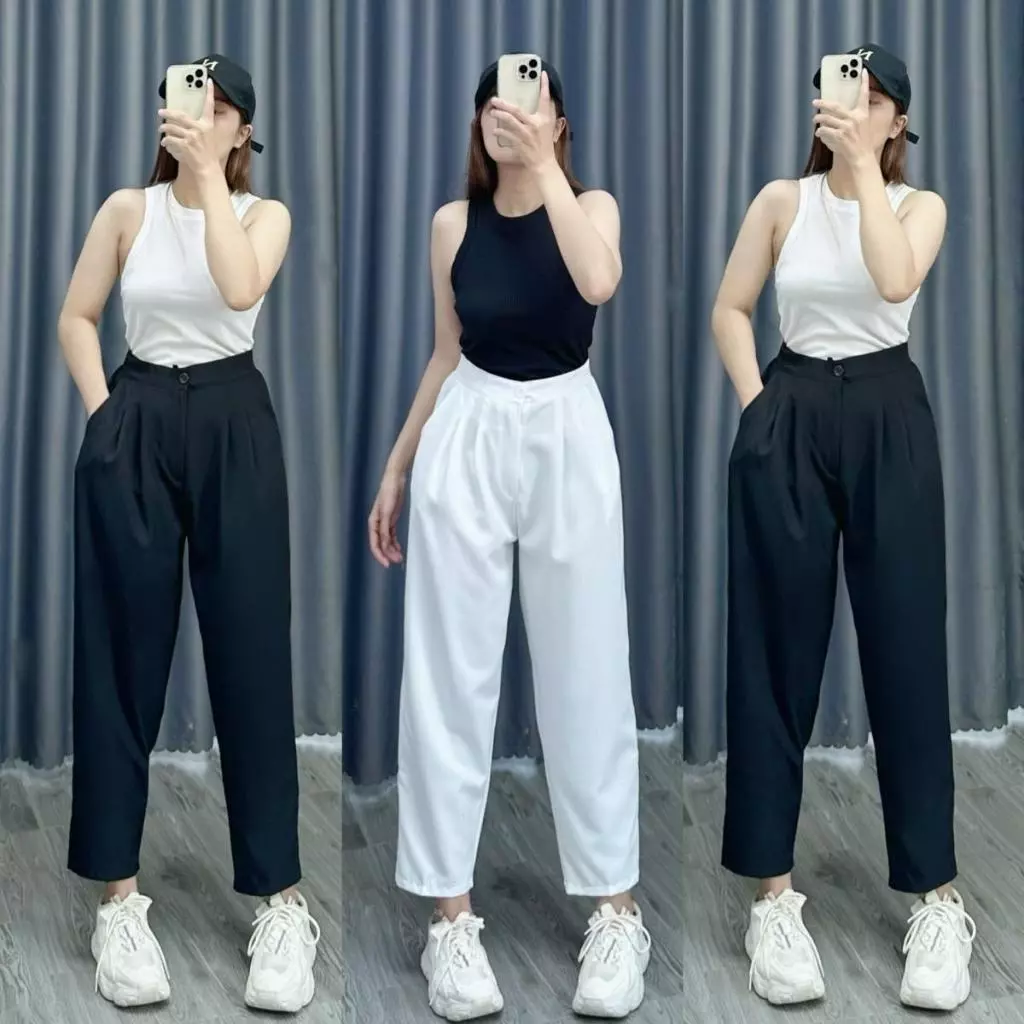 Quần dài baggy bigsize nữ, Quần dài công sở dáng bom cạp chun lưng cao co giãn tôn dáng QBG01