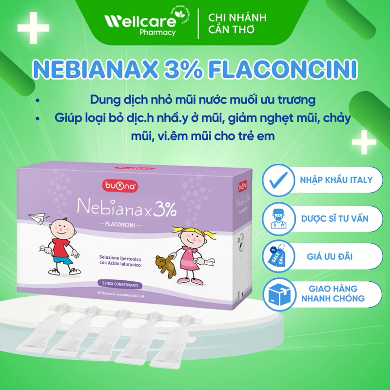 Nước muối ưu trương Nebianax 3% Flaconcini [Chính hãng] - nhỏ mũi rửa mũi cho trẻ sơ sinh và trẻ nhỏ