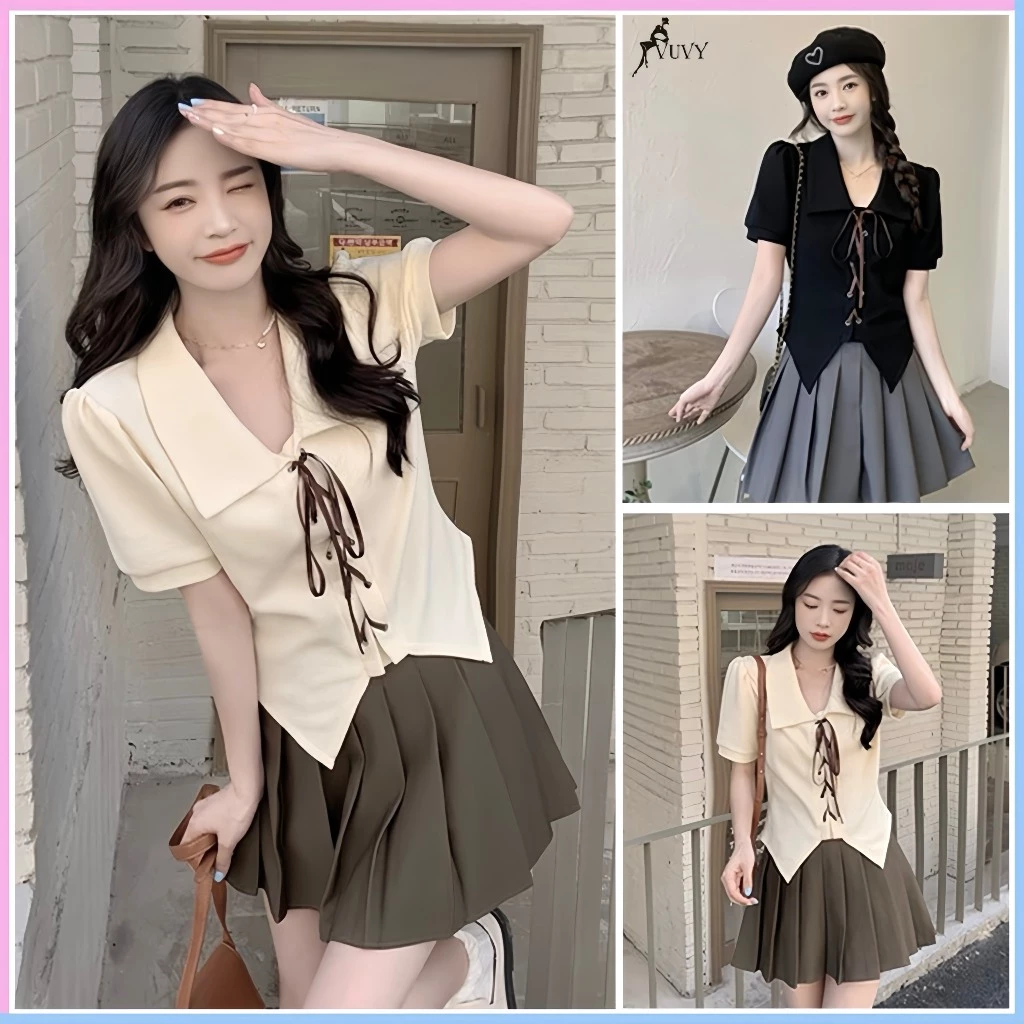 Áo thun nữ tay ngắn vạt nhọn thiết kế dây thắt nơ, áo phông nữ vải tổ ong cổ bẻ Hàn Quốc AT64