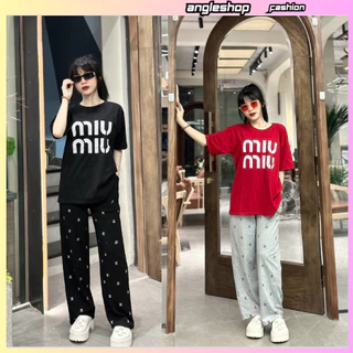 Set bộ quần áo phông nữ mặc nhà, đi chơi đểu xinh gồm áo thun mix quần vải hoạ tiết logo kín