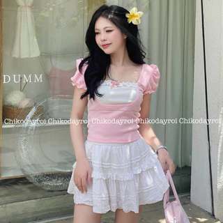 Pink shirt by Chikodayroi - Áo thiết kế coquette, chất thun gân, phối hai màu, kèm nơ