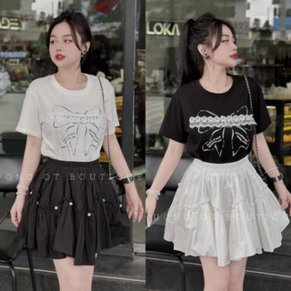 [Hàng 3 Size]: Set Áo Cotton 2 Màu In Nơ Phối Ren Mix Chân Váy Kaki Đính Ngọc Bèo Sóng (Ảnh Thật Trải Sàn) Lollaye