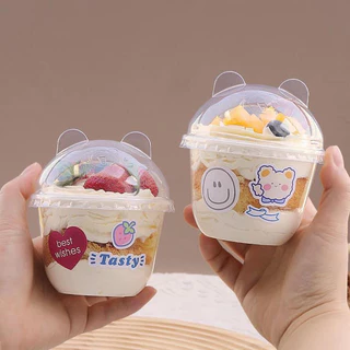 Cốc nhựa tròn kèm nắp tai gấu 300ML đựng bánh Mousse, trà sữa ( set 10c)