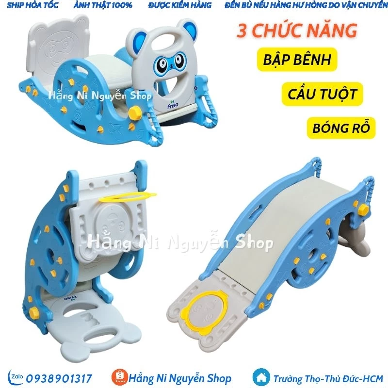 Đồ chơi bập bênh 3 chức năng: bập bênh-cầu tuột- bóng rỗ kèm 1 quả bóng mini (HKM FRISO)