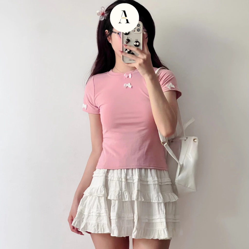 Áo thun babytee ATOKI đính nơ form ôm body chất cotton 4049 P0K35