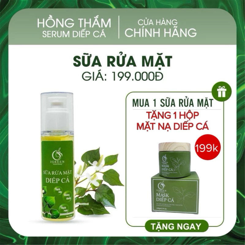 SỮA RỬA MẶT DIẾP CÁ IGREEN HỖ TRỢ GIẢM MỤN DẠNG GEL - SỮA RỬA MẶT THIÊN NHIÊN KHÔNG KÍCH ỨNG