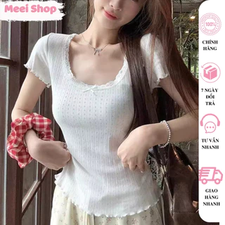 Áo thun nữ ngắn tay cổ viền ren đính nơ nhỏ xinh xắn Meei Shop,Áo thun kiểu nữ dáng dài ôm body chất cotton mềm mịn-V429