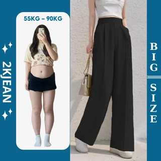 Quần suông ống rộng vải tây cạp lưng thun Bigsize 55kg-85kg, kiểu dáng quần suông ống rộng nữ cạp chun SUONGTAY 2KJeans