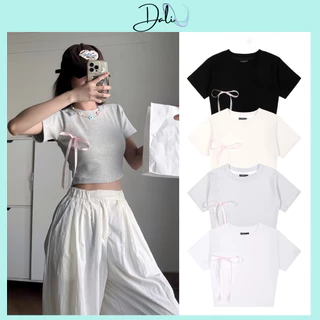 Áo Thun Croptop Đính Nơ Lệch Chất Liệu Tăm Lạnh Co Dãn Dáng Tiểu Thư