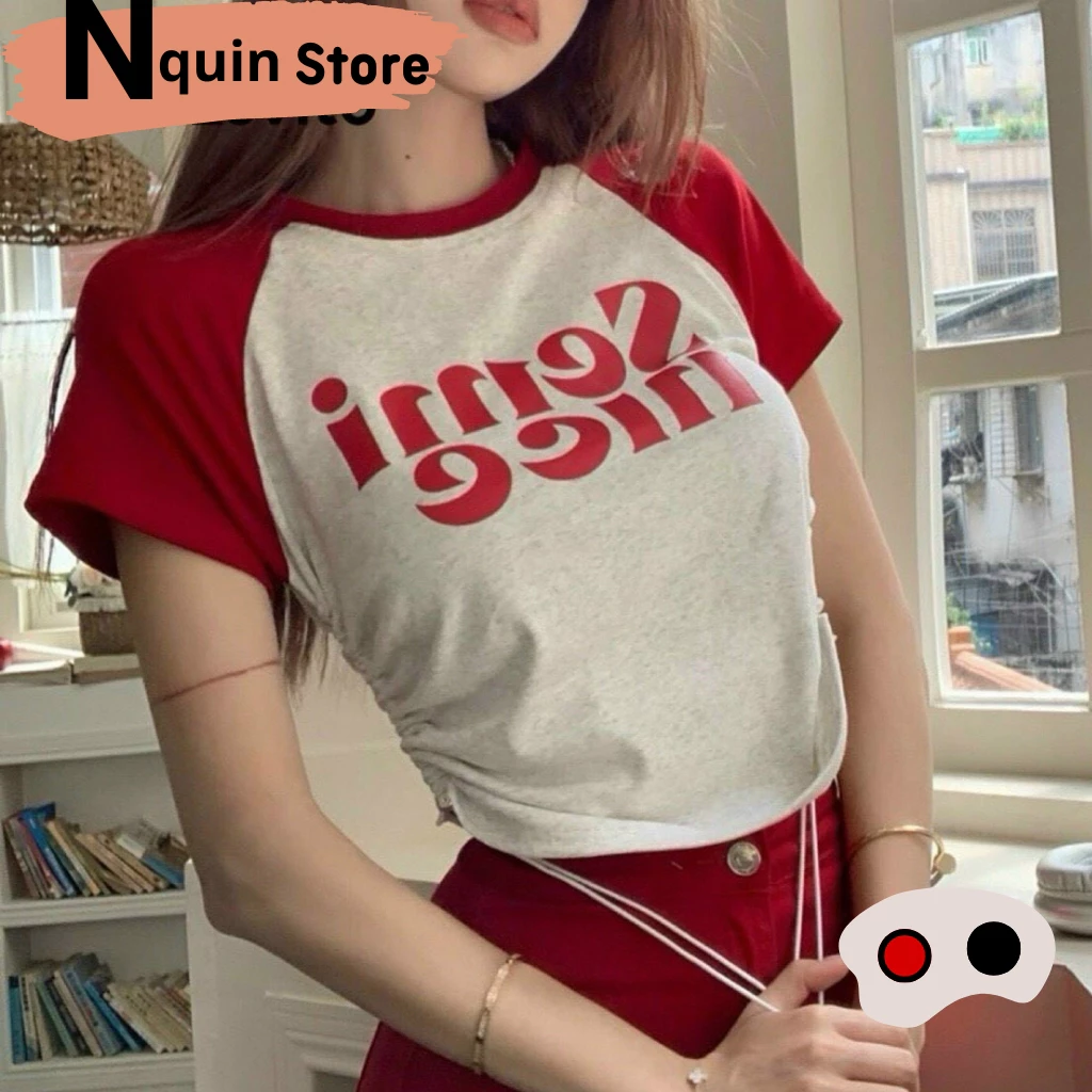 Áo croptop tay ngắn cổ tròn,áo thun nữ được thiết kế ôm body phối dây rút 2 bên in chữ cá tính thời trang Nquin Store