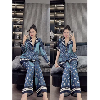 Bộ ngủ mặc nhà pijama GẤU XANH LV lụa xước SAM mát