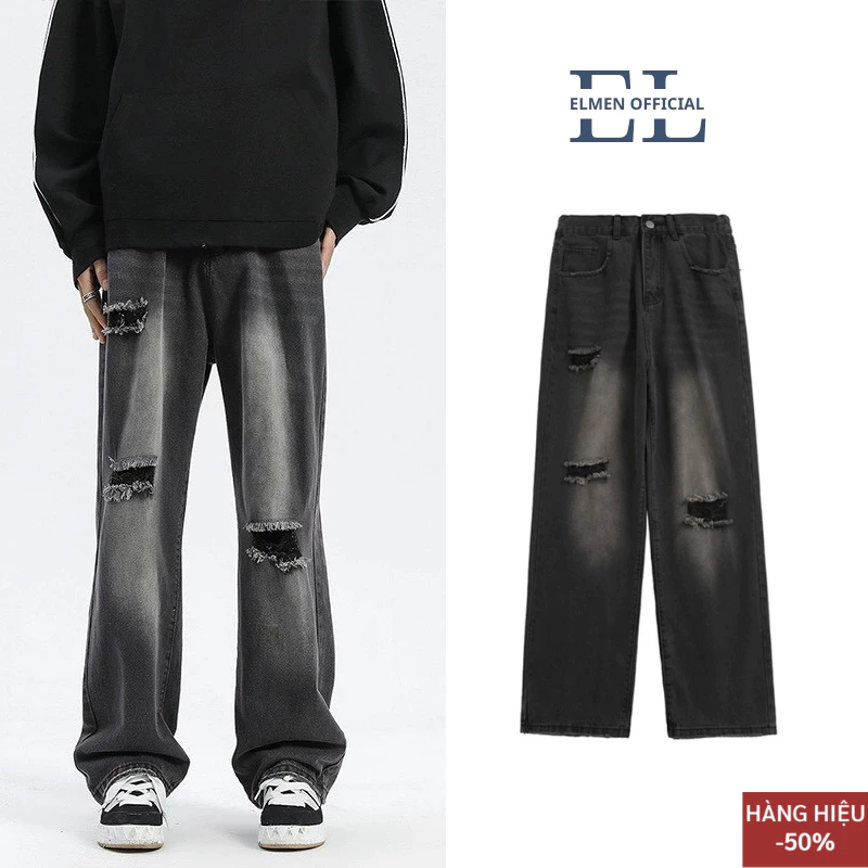 Quần Jean Ống Rông Rách gối nam nữ màu xanh wash rách, quần bò dáng suông unisex Elmen