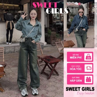 Áo sơ mi jean nữ, áo sơ mi tay dài trơn form rộng! SWEET GIRLS SHOP