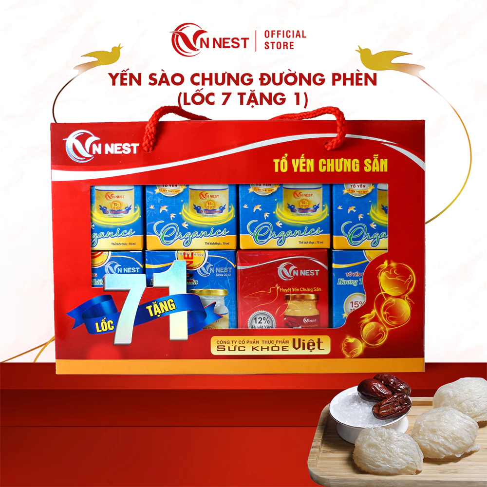 Combo 7 tặng 1 lọ Yến Sào Chưng Sẵn VN Nest - 15% Tổ Yến Cao Cấp Chưng Đường Phèn Tự Nhiên - Hộp 8 lọ thủy tinh x 70ml